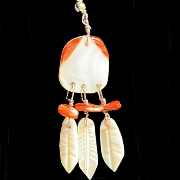 Coral Feathers White Carved Shell Iridescent Beach Southwestern Carnelian Dangle - Picture 2 of 5